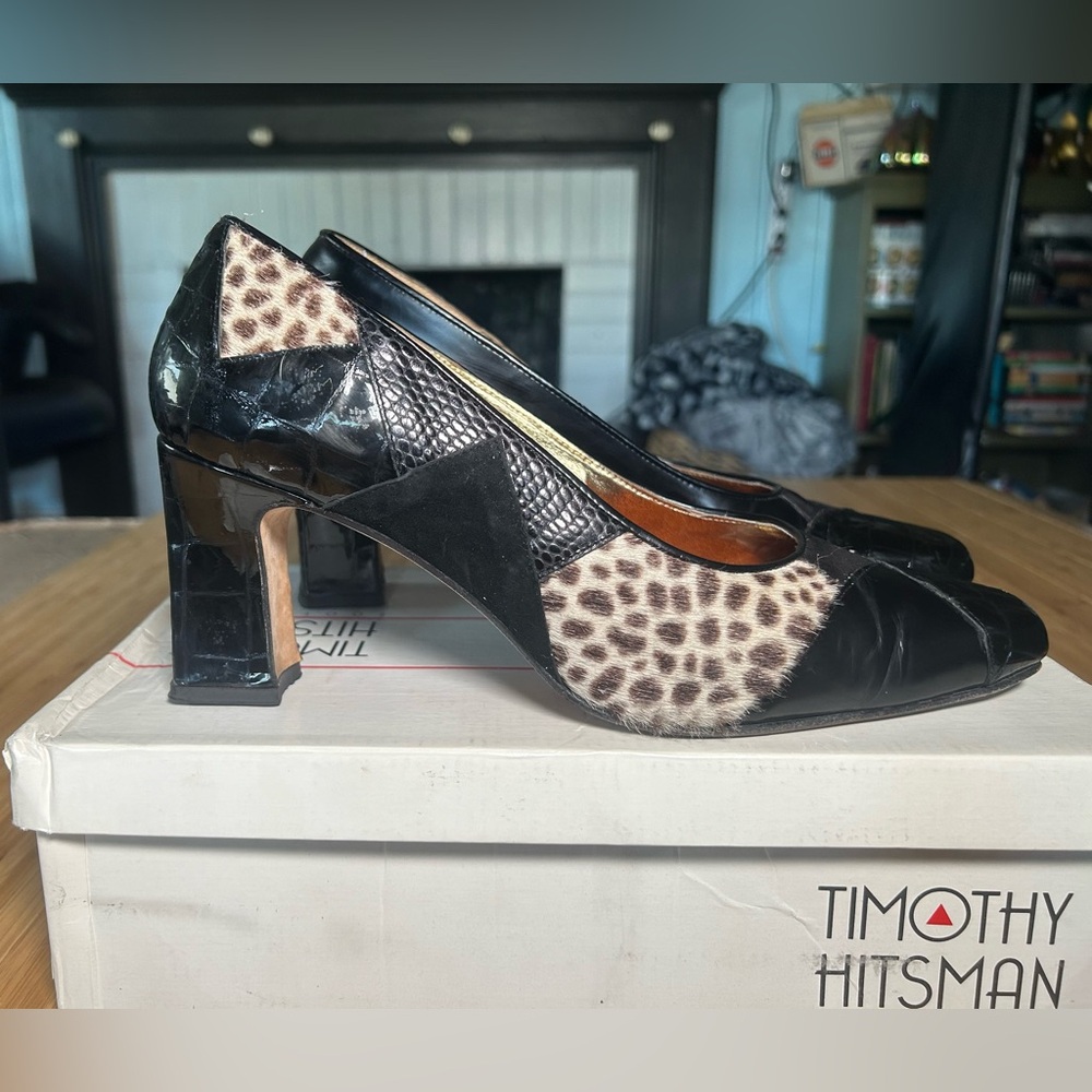 Vintage 80'S Timothy Hitsman suede, calf hair, & patten Patchwork Heel 10